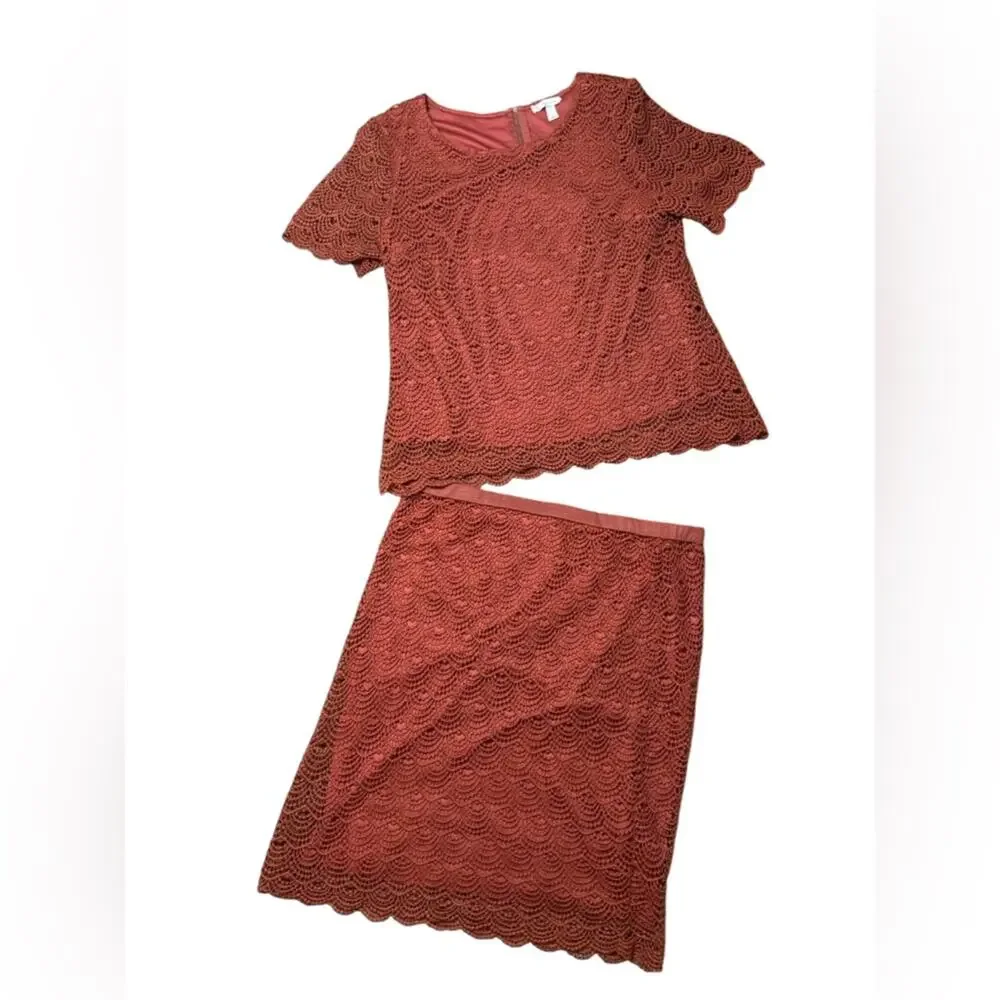 Y2K Crochet Lace Sheer Sleeve Top Midi Skirt Set Womens Size L Romantic Feminine